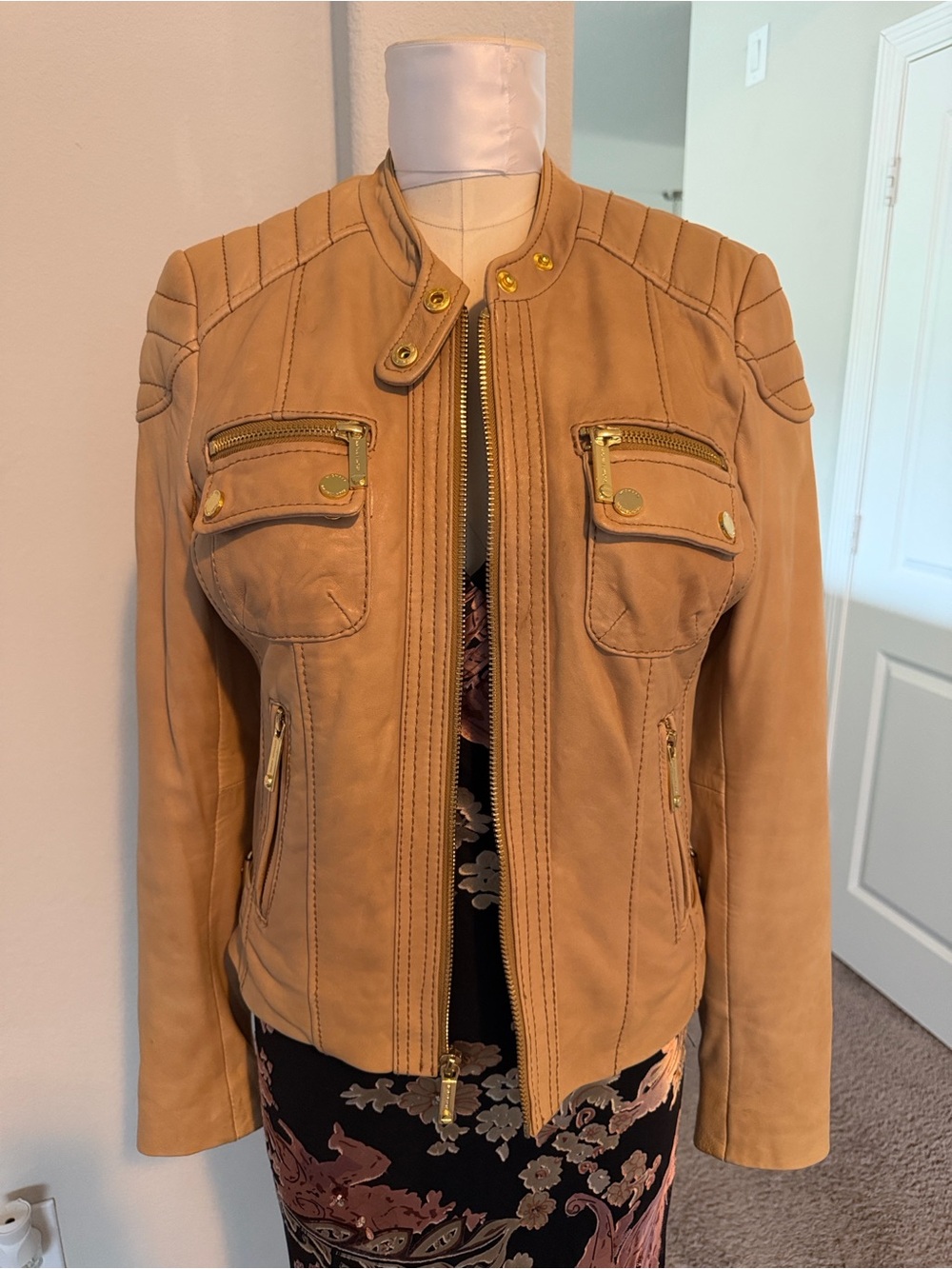 Michael Kors Camel Leather Moto Jacket with Gold Hardware